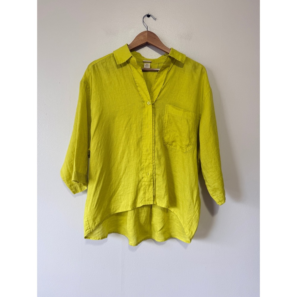 Magaschoni Womens Lime Green 100% Linen Button Down Shirt Oversized Medium